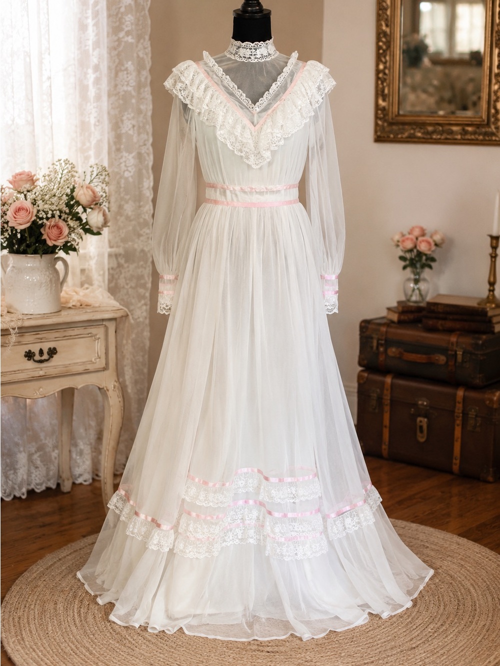 Vintage 70s White Pink Prairie Maxi Dress Victorian Bridal Gunne Sax Style XS S
